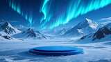 雪山极光下的蓝色圆形平台高清在线视频素材下载