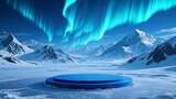 雪山极光下的蓝色圆形平台高清在线视频素材下载