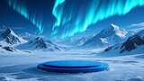 雪山极光下的蓝色圆形平台高清在线视频素材下载