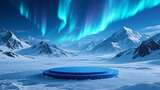 雪山极光下的蓝色圆形平台高清在线视频素材下载