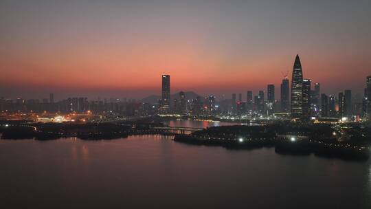 深圳南山区深圳湾日落晚霞夜景航拍