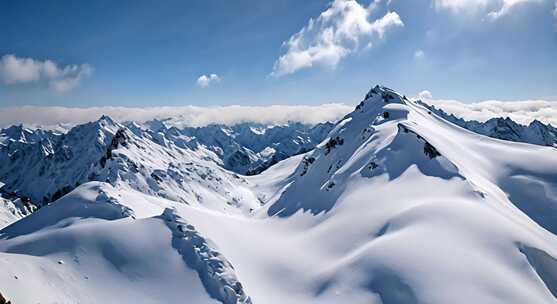 雪山云雾森林阳光树林远山峰大自然生态风景