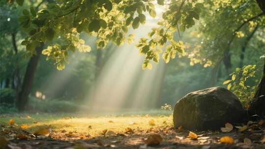 森林阳光透过树叶洒下景象