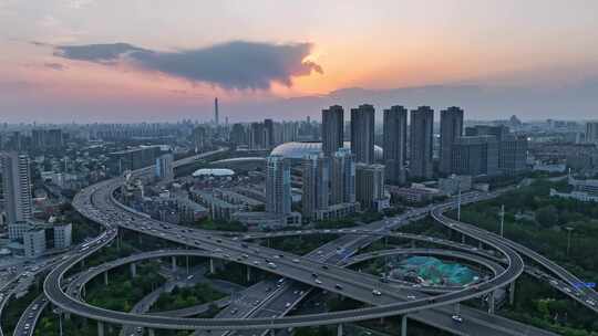 天津中石油桥水滴体育场晚霞航拍