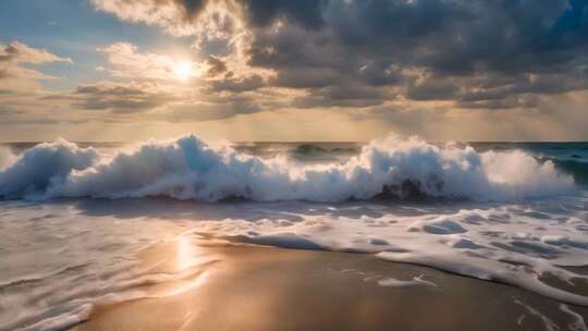 海滩海浪与日落景象