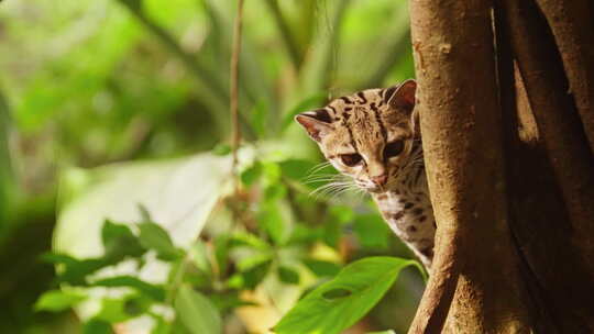 野生玛吉猫环顾四周，从树上跳下来