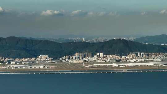 5k航拍深圳机场飞机起降落海上公路轮船出海