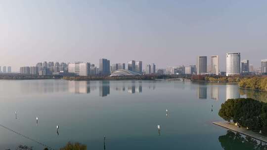 合肥航拍城市天鹅湖冬天景色大景