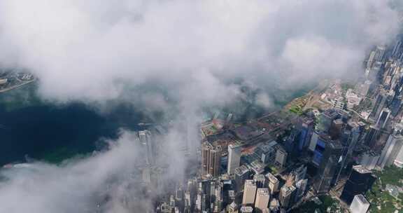 香港航拍中环维多利亚港穿云佛光