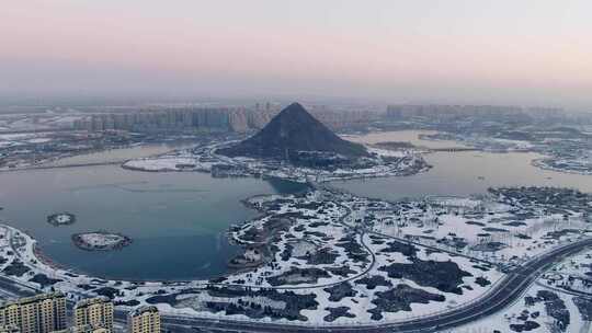 山东济南华山湖雪景航拍