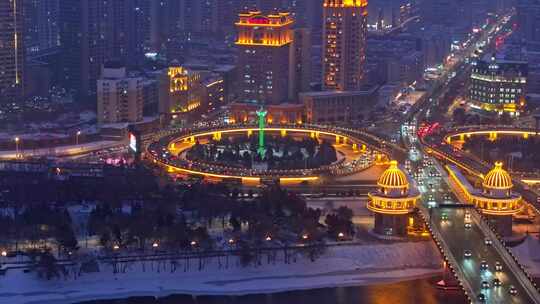 中国黑龙江哈尔滨公路大桥夜晚雪景航拍