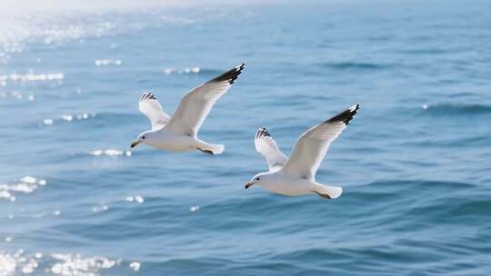 海面上海鸥飞翔的画面