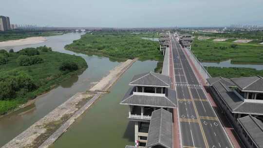 渭河生态景区灞渭桥4k航拍大桥2