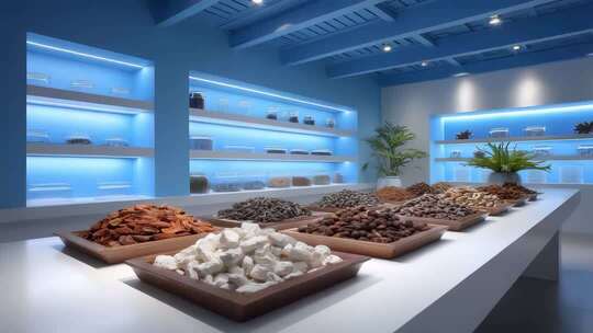 明亮氛围下的坚果店铺陈列展示