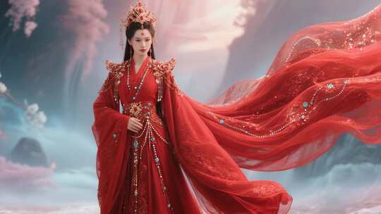 红衣古装女子纱裙飞扬