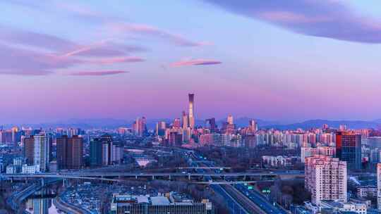 北京国贸CBD夜转日城市建筑群全景