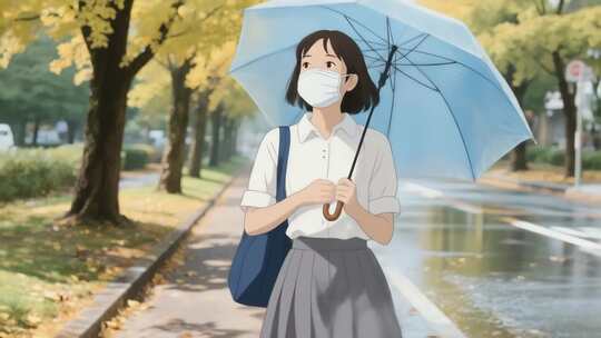 夏天雨后女孩撑伞戴口罩清新出行视频