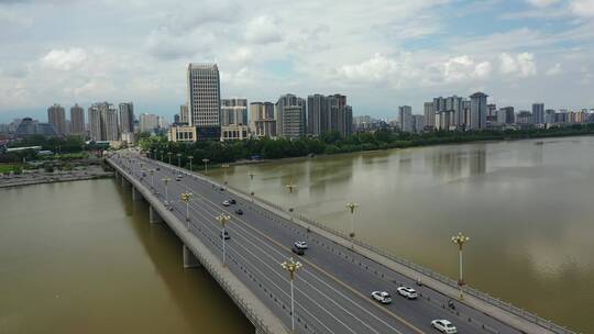 陕西汉中市汉江城市天际线风光航拍