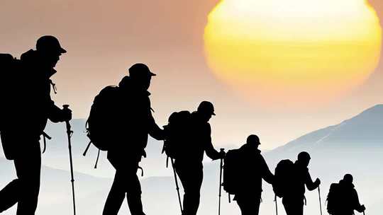 登山者在山间徒步的剪影画面