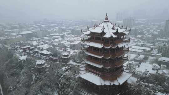 武汉武昌区黄鹤楼雪景航拍