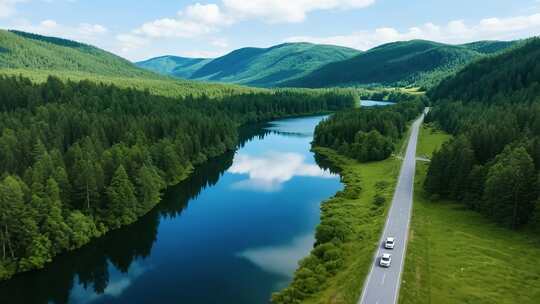 山林间公路湖泊航拍全景