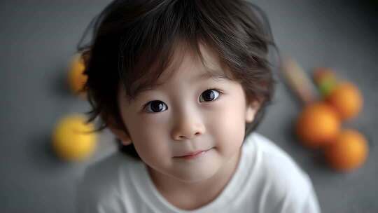 可爱亚洲宝宝天真笑容与水果的甜蜜瞬间
