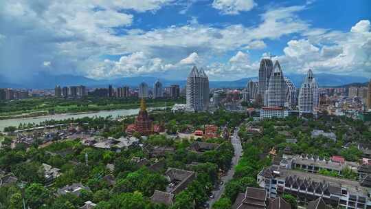 西双版纳景洪城市天际线HDR航拍