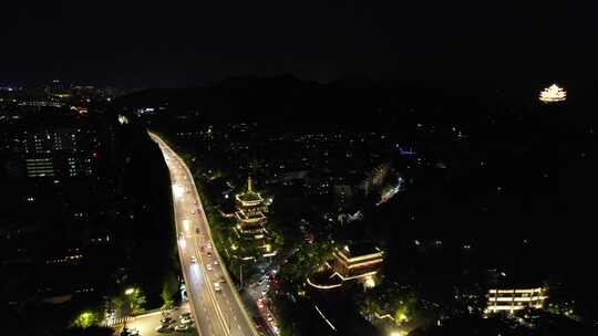 杭州城市夜幕降临夜景交通航拍