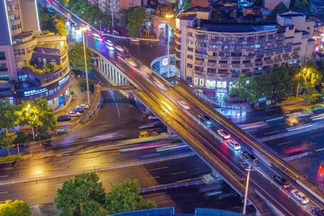 城市高架桥夜景高峰期车流延时摄影