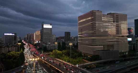 杭州城市交通中河高架环城北路夕阳航拍