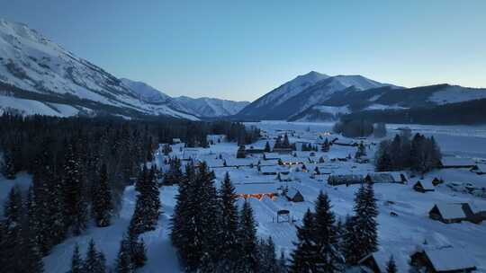 禾木冬天晨曦 村庄 禾木雪景新疆冬季旅游视频素材模板下载