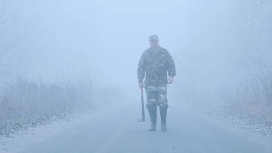 穿迷彩服的男人拿着斧头在大雾中