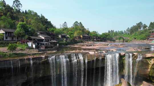 航拍四川广元旅游低坑大瀑布自然风景