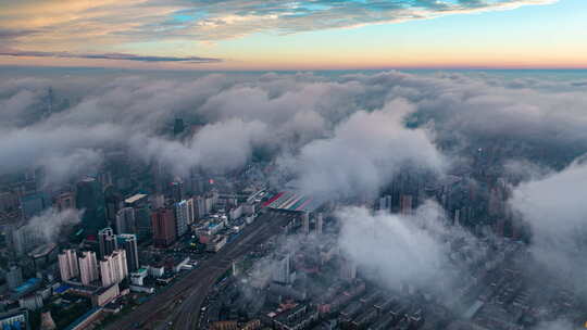 辽宁沈阳北站城市风景航拍日出云海