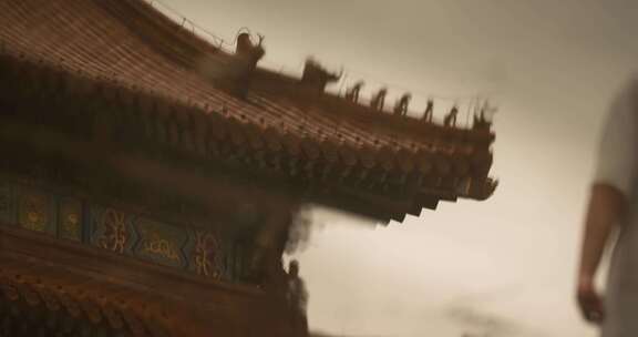 雨天故宫房檐脊兽倒影水滴涟漪