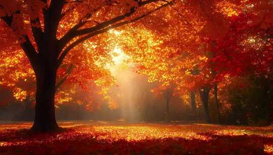 金色秋天秋分枫叶林阳光洒落唯美空镜