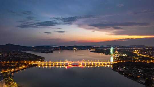 江苏无锡蠡湖晚霞夜景灯光航拍延时4K