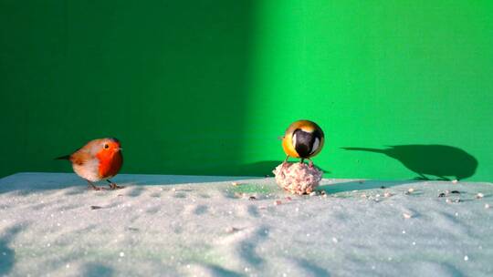 绿色屏幕前两只鸟在觅食视频素材模板下载