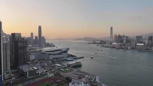 香港维多利亚港清晨日出航拍