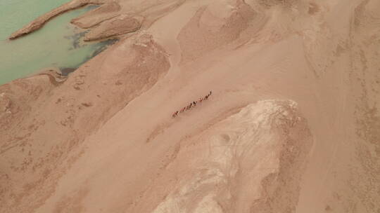 雅丹地貌上行进的骆驼队伍