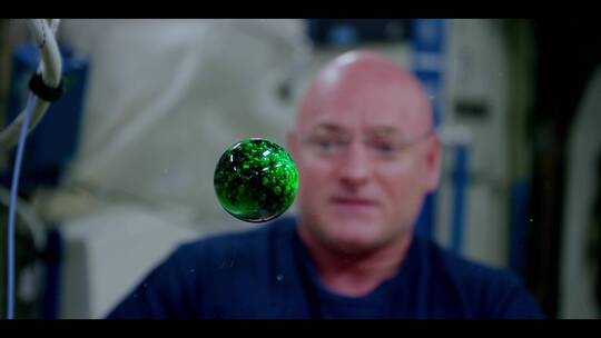 一名宇航员在太空的无重量环境中展示了水和液体的特性