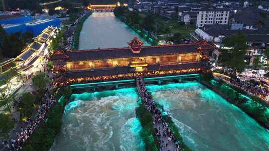 成都都江堰南桥蓝眼泪夜景航拍