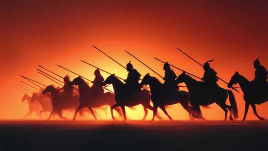 日落时分古代骑兵队出征的壮丽景象