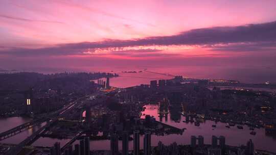 航拍珠海澳门蓝调时分城市海景风光视频素材模板下载