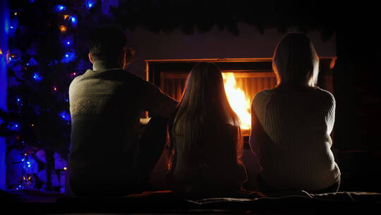 一家人在壁炉和圣诞树旁休息