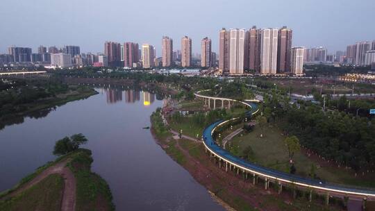 航拍湖南衡阳陆家新区城市夜景人行观光桥