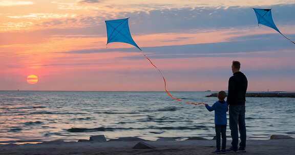 夕阳下海边父亲带着孩子放风筝