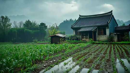 云雾缭绕中的特色古建筑及农田景观