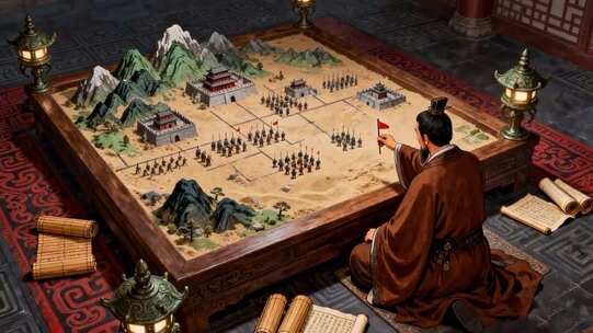 古人于室内指点军事沙盘场景