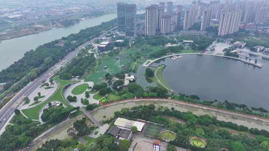 航拍福建漳州碧湖公园生态风光